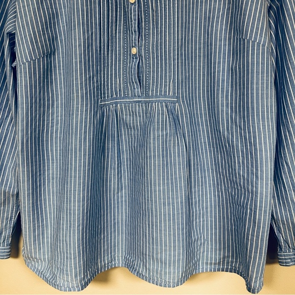 L.L. Bean Blue and White Striped Roll Tab Sleeve Cotton, Gathered Shirt, XL - Picture 4 of 8